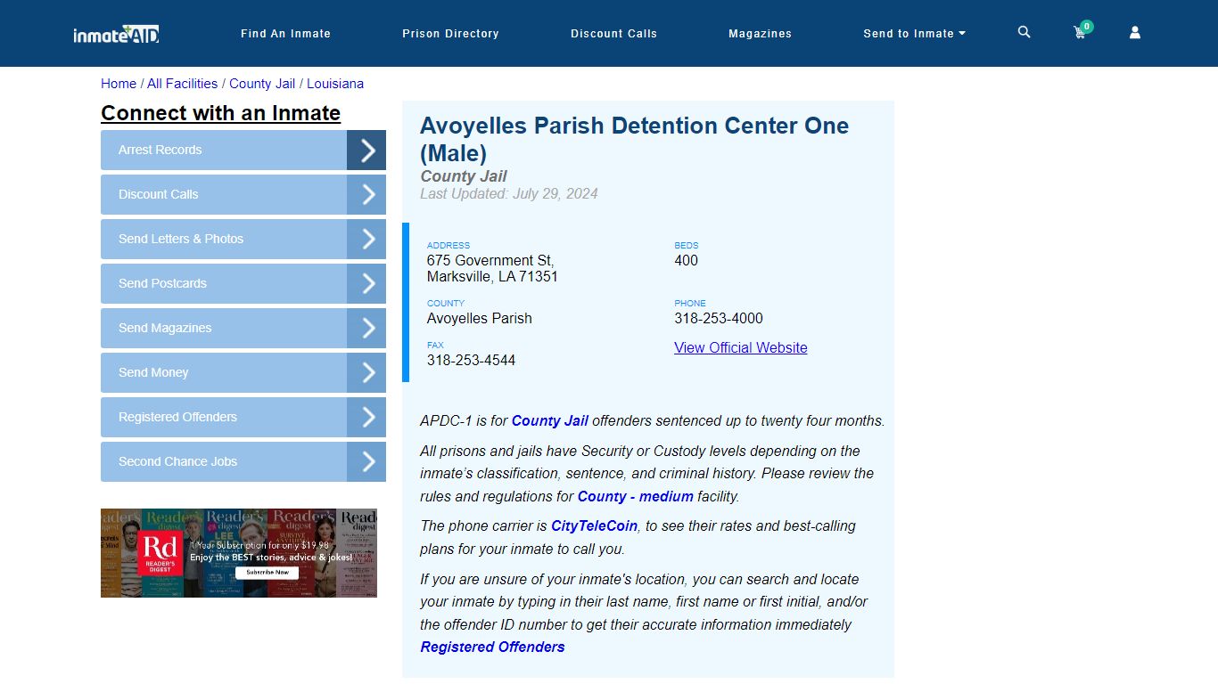 Avoyelles Parish Detention Center One (Male) - Inmate Locator